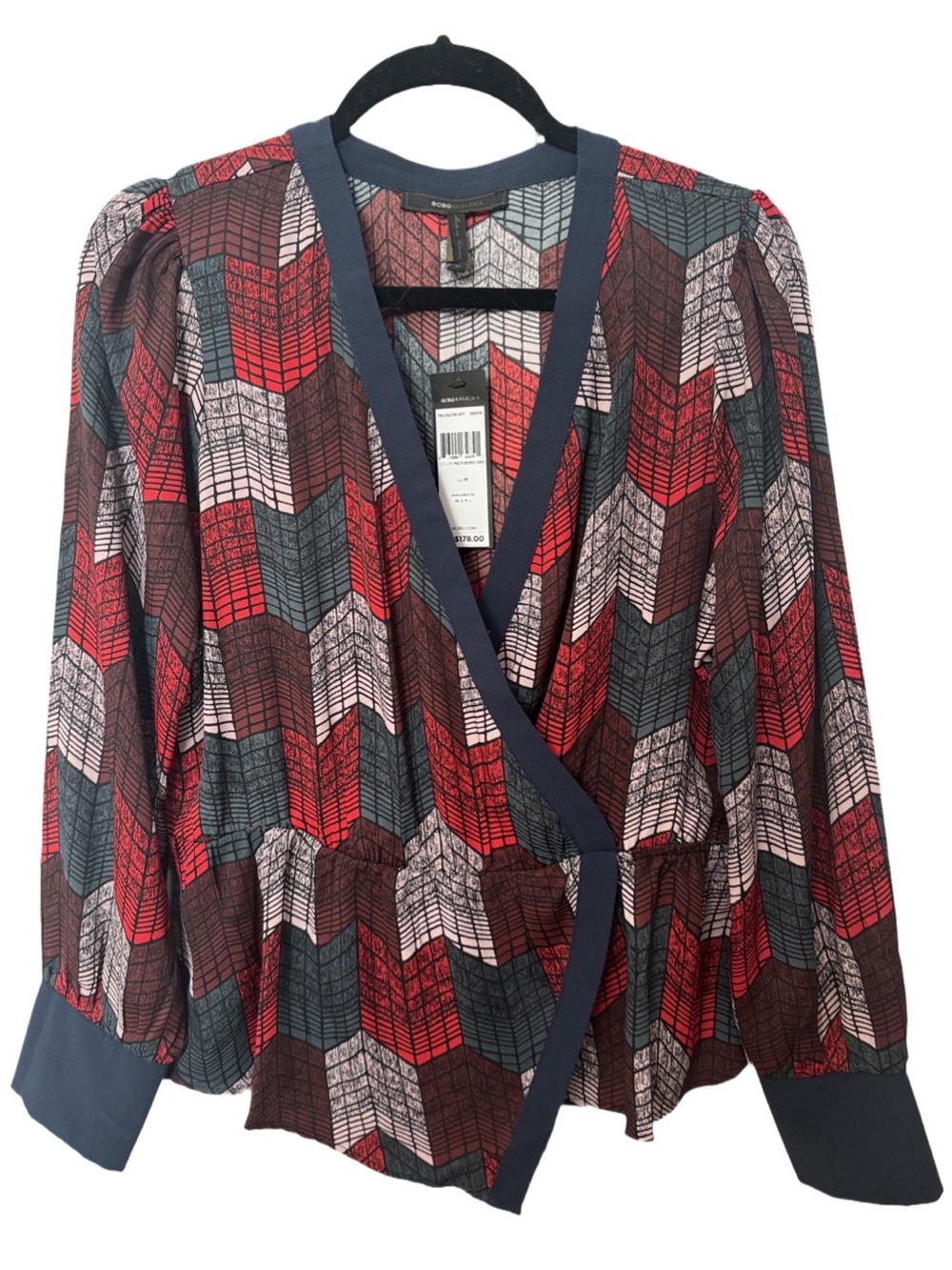 BCBG Chevron Wrap Blouse in Red, Black & Gray